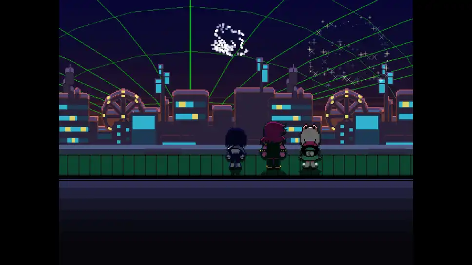 Deltarune protagonists looking at fireworks over a cityscape