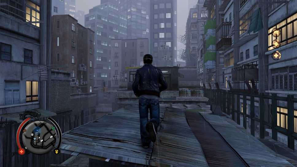 Wei running on the rooftops of Hong Kong apartments in the rain