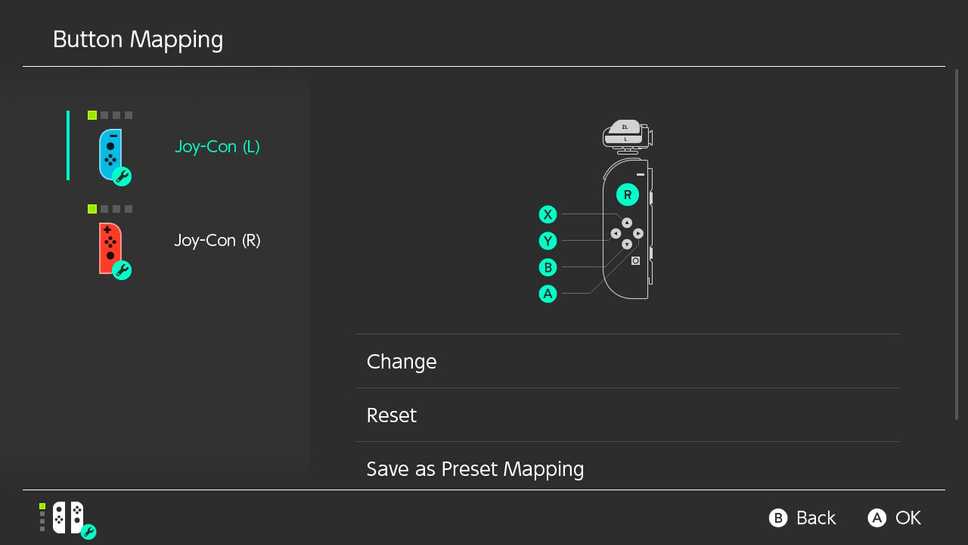 The Switch controller button remapping screen