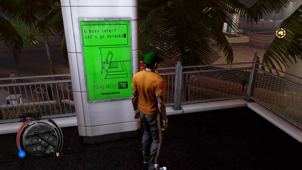 Wei standing in front of a neon green ad with the words: "U busy later? Let's go karaoke"